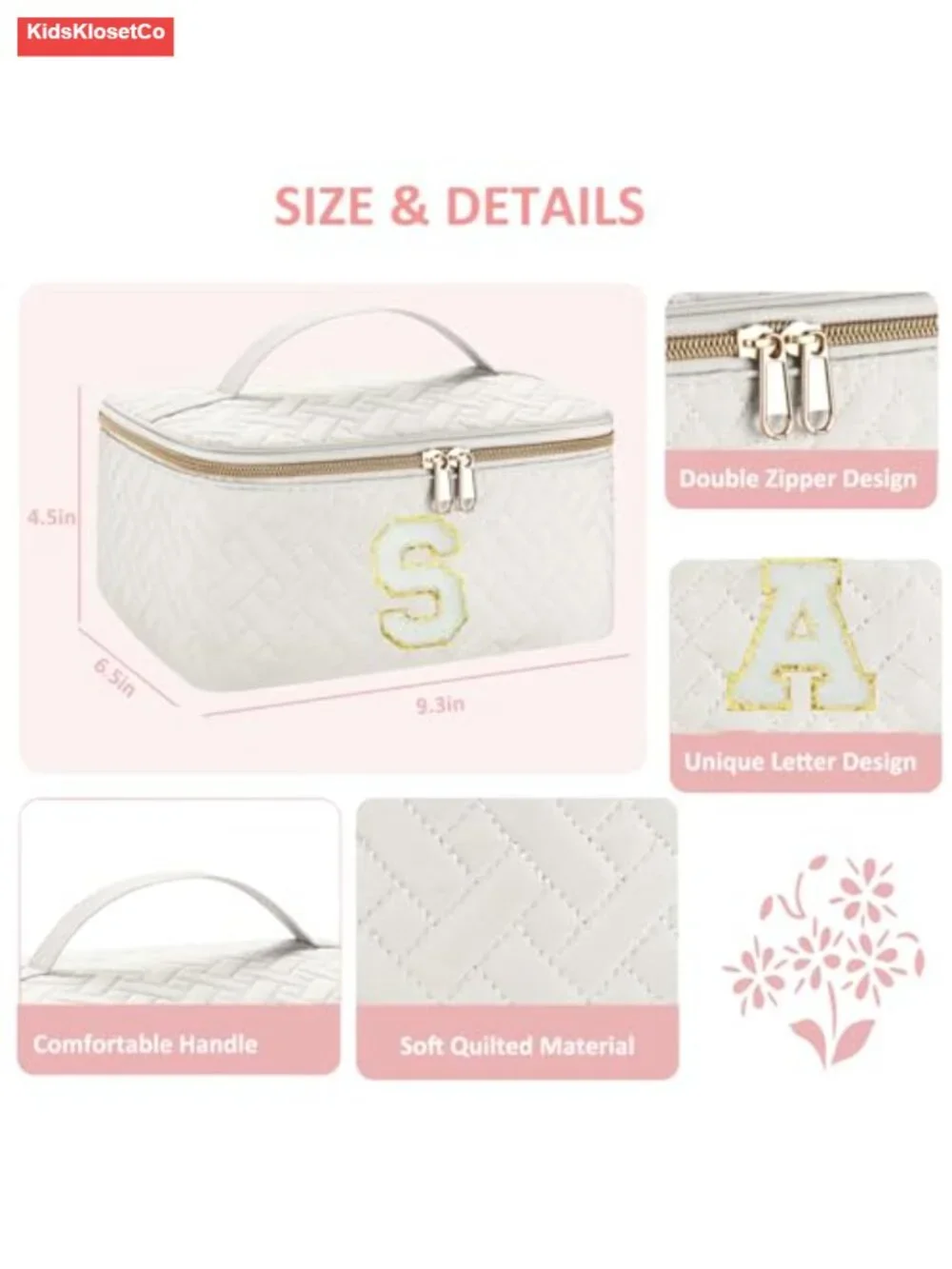 Quilted Personalized Initial Cosmetic Bag with Chenille Letter, Zipper, Handle